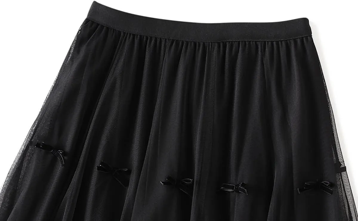 Women's Midi Tulle Skirts Floral Embroidery Layered Print Fairy Skirts Elastic Waist A-Line Mesh Skirt
