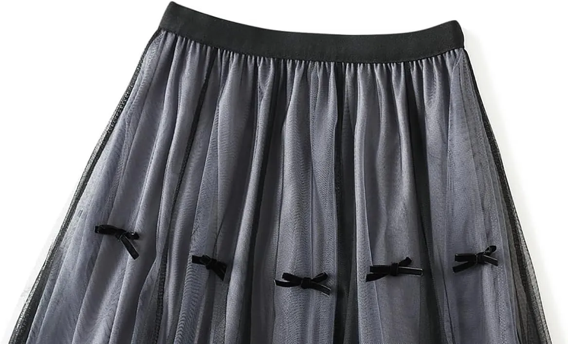 Women's Midi Tulle Skirts Floral Embroidery Layered Print Fairy Skirts Elastic Waist A-Line Mesh Skirt