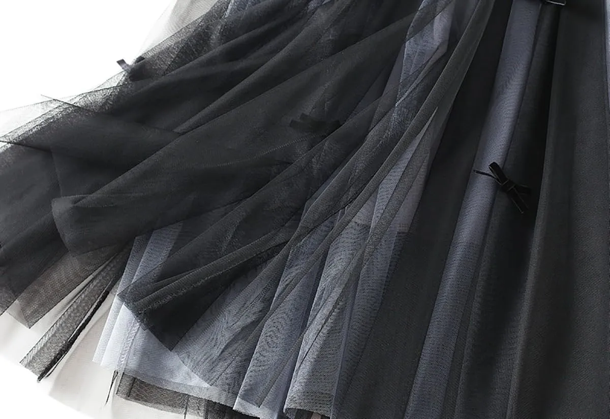 Women's Midi Tulle Skirts Floral Embroidery Layered Print Fairy Skirts Elastic Waist A-Line Mesh Skirt