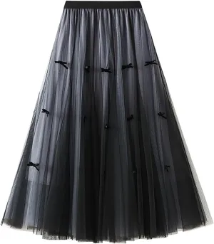 Women's Midi Tulle Skirts Floral Embroidery Layered Print Fairy Skirts Elastic Waist A-Line Mesh Skirt