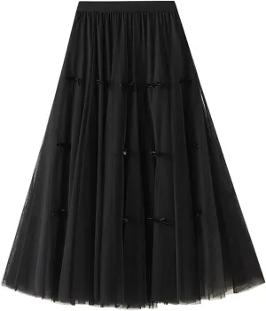 Women's Midi Tulle Skirts Floral Embroidery Layered Print Fairy Skirts Elastic Waist A-Line Mesh Skirt