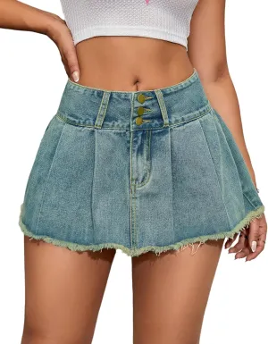 Women's Mini Denim Skirt High Waisted Raw Hem A-Line Pleated Jean Skirt
