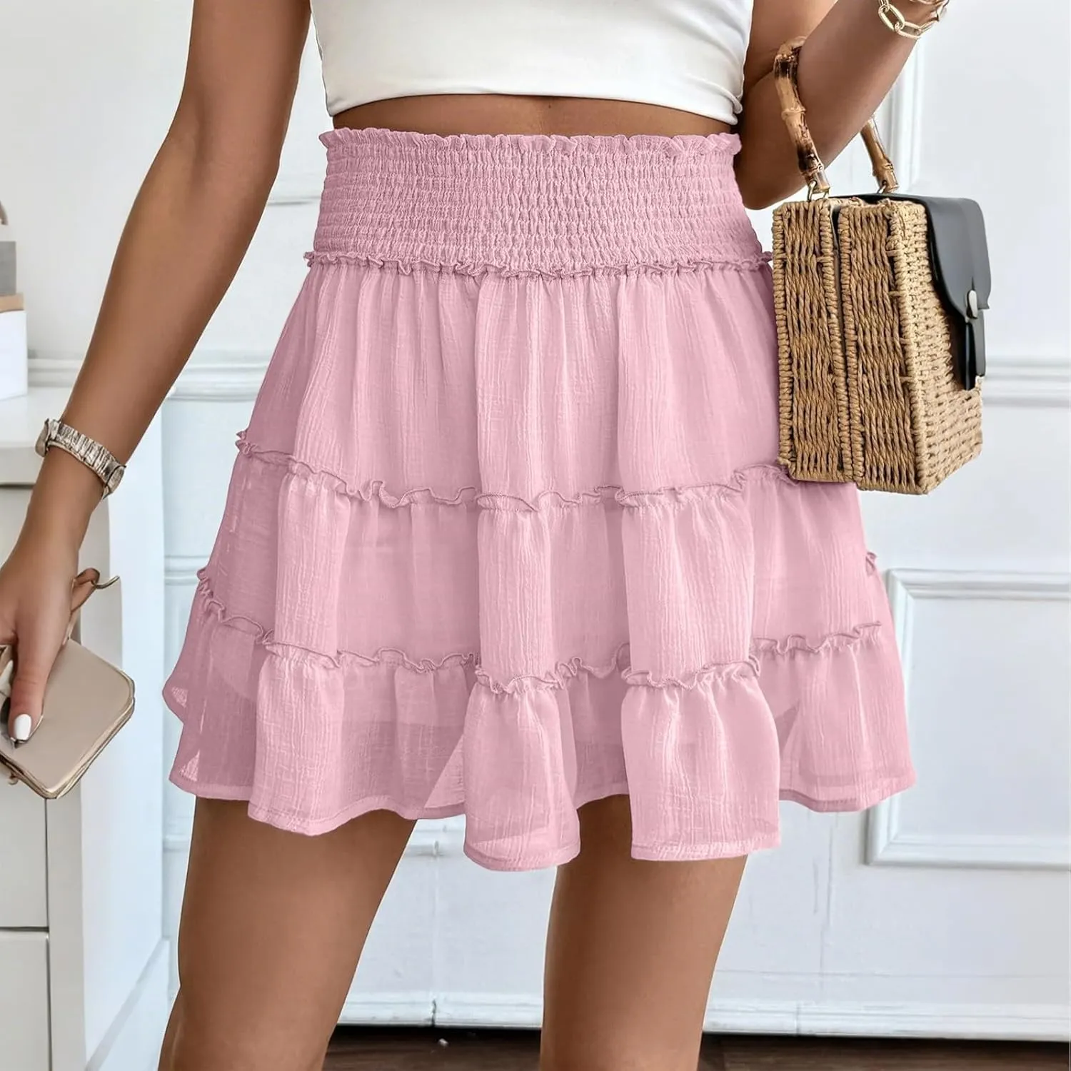 Womens Mini Skirt with Shorts Underneath Smocked Tiered Ruffle Flowy Cute Skirts 2025 Summer A Line Short Beach Skirt
