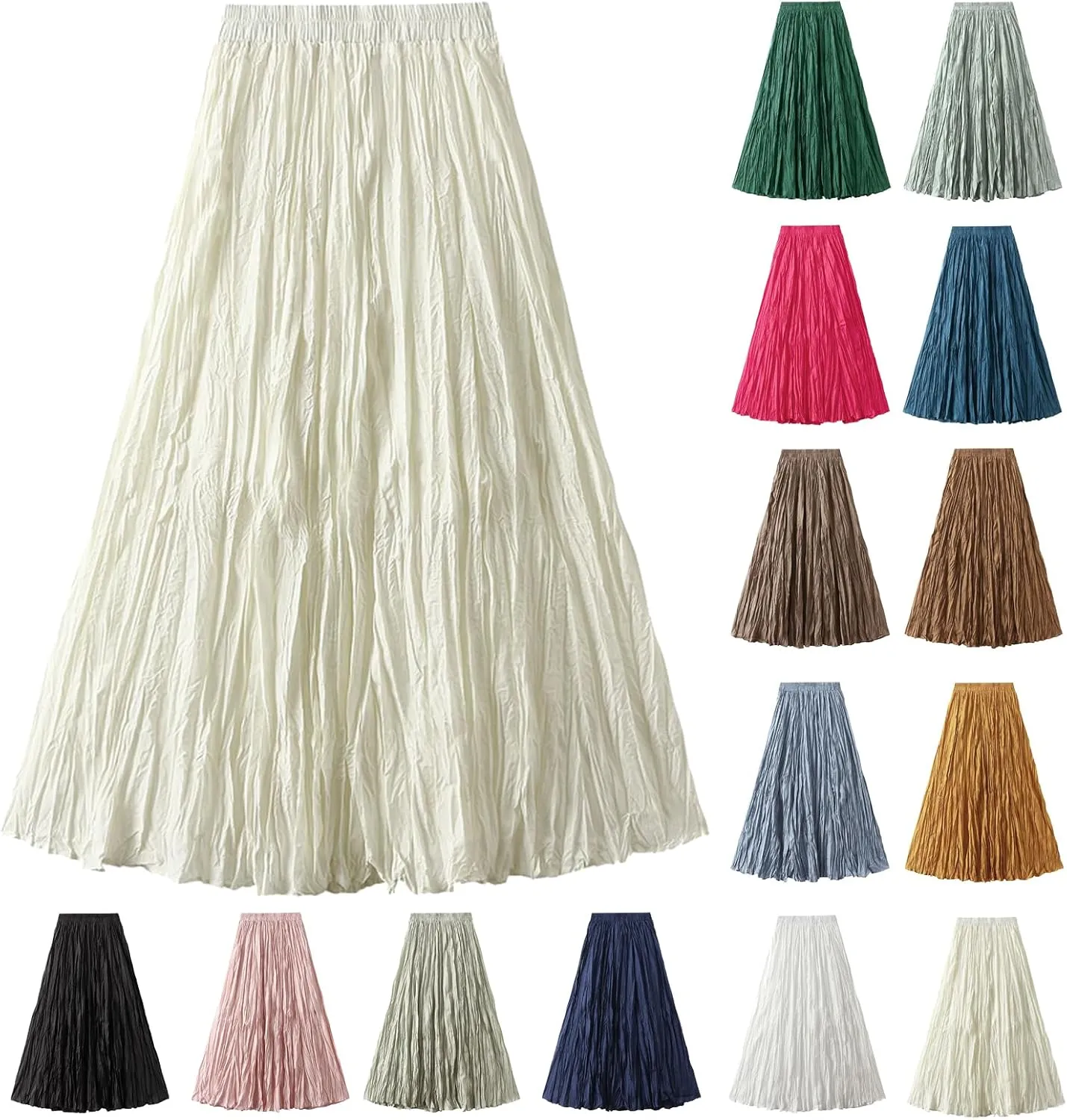 Women's Pleated A-Line Skirt with Elastic Waist Flowing Wrinkled Elegant Midi Skirt for Casual and Formal Occasions