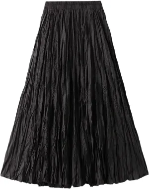 Women's Pleated A-Line Skirt with Elastic Waist Flowing Wrinkled Elegant Midi Skirt for Casual and Formal Occasions