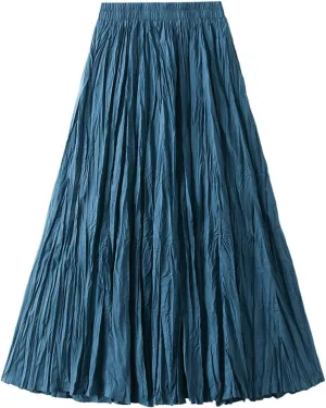 Women's Pleated A-Line Skirt with Elastic Waist Flowing Wrinkled Elegant Midi Skirt for Casual and Formal Occasions