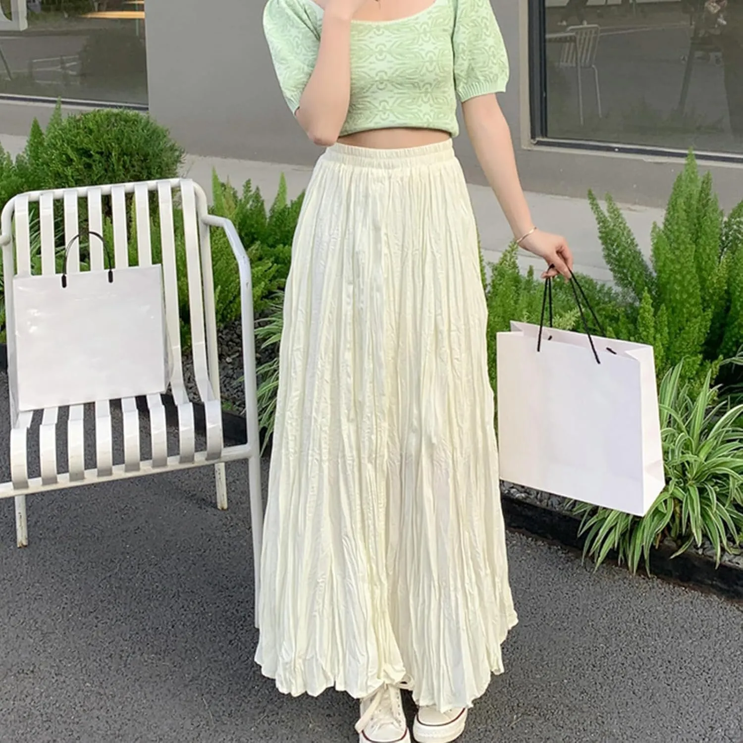 Women's Pleated A-Line Skirt with Elastic Waist Flowing Wrinkled Elegant Midi Skirt for Casual and Formal Occasions