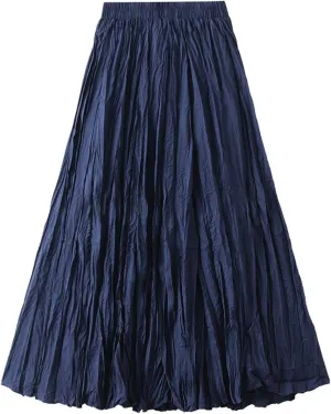 Women's Pleated A-Line Skirt with Elastic Waist Flowing Wrinkled Elegant Midi Skirt for Casual and Formal Occasions