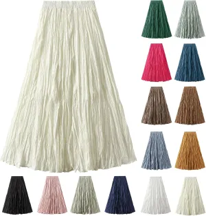 Women's Pleated A-Line Skirt with Elastic Waist Flowing Wrinkled Elegant Midi Skirt for Casual and Formal Occasions