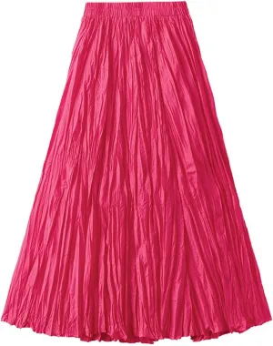 Women's Pleated A-Line Skirt with Elastic Waist Flowing Wrinkled Elegant Midi Skirt for Casual and Formal Occasions