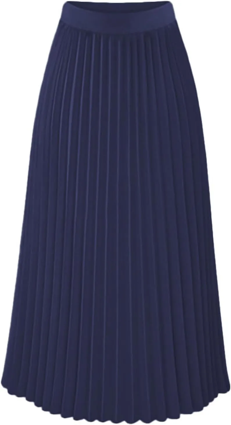 Womens Pleated Midi Skirts Elastic High Waist Dressy Casual Solid Color A-Line Flowy Swing Chiffon Skirts