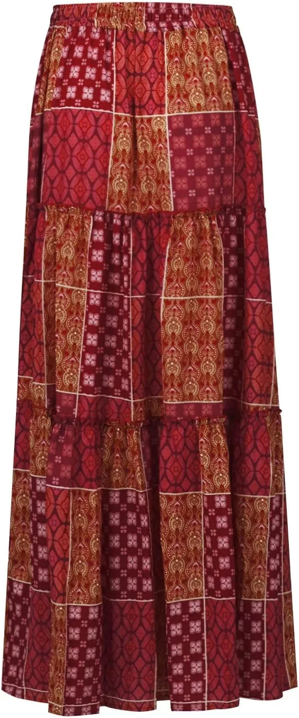 Women's Pleated Skirt Casual Loose Trendy Elastic High Waist Floral Print Boho Sun Beach Long Maxi Skirts, S-2XL