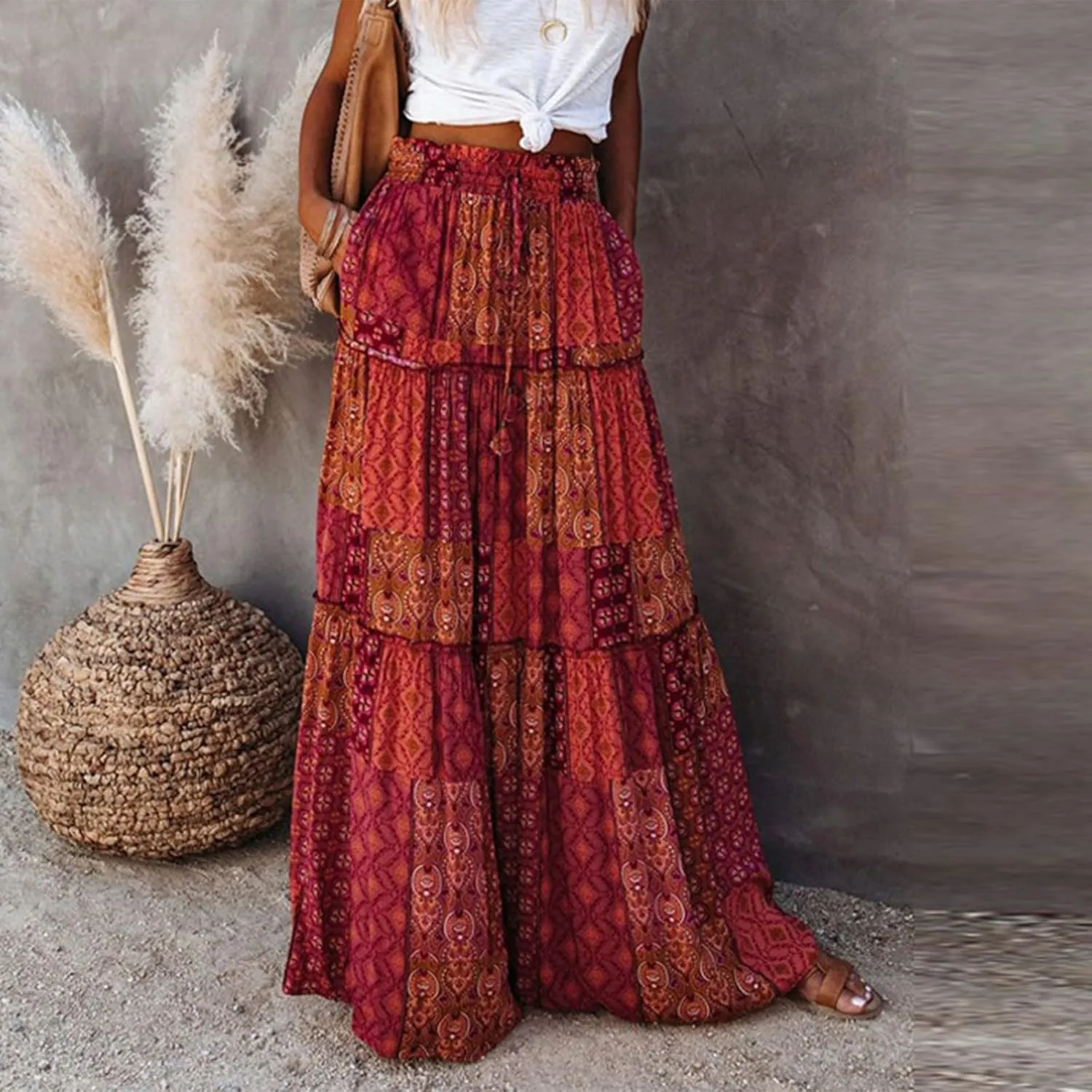 Women's Pleated Skirt Casual Loose Trendy Elastic High Waist Floral Print Boho Sun Beach Long Maxi Skirts, S-2XL