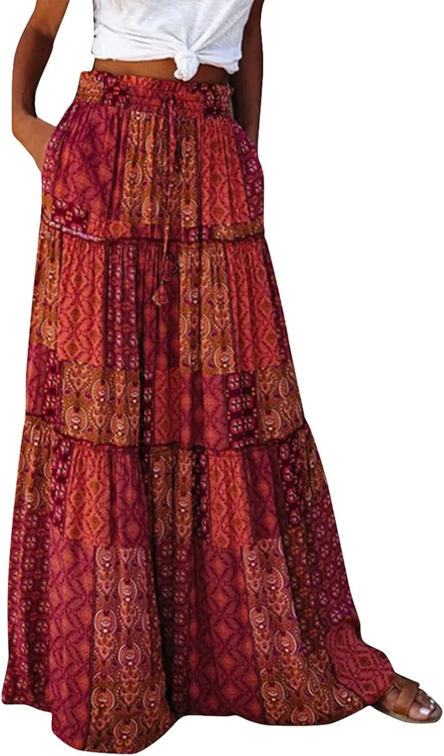 Women's Pleated Skirt Casual Loose Trendy Elastic High Waist Floral Print Boho Sun Beach Long Maxi Skirts, S-2XL