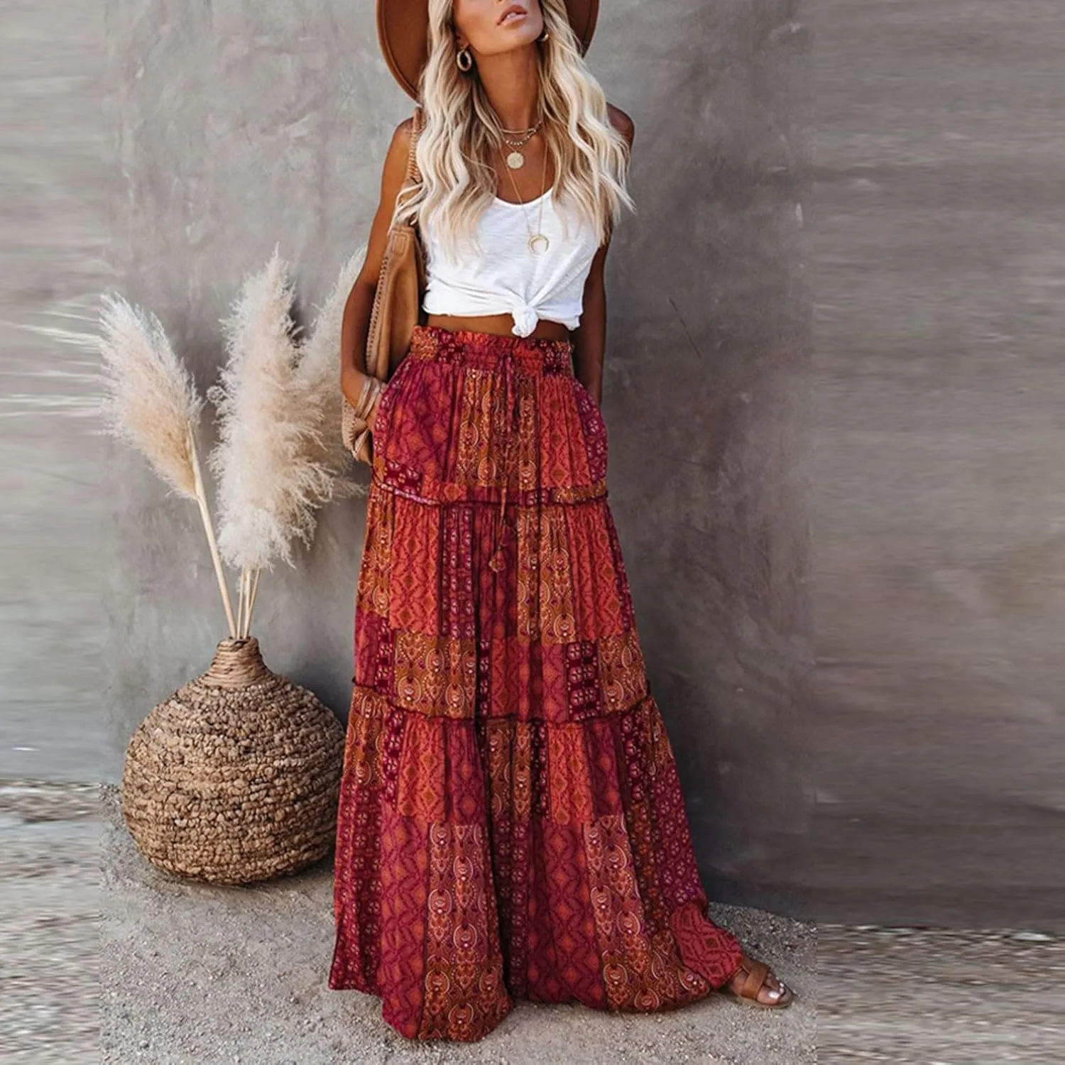 Women's Pleated Skirt Casual Loose Trendy Elastic High Waist Floral Print Boho Sun Beach Long Maxi Skirts, S-2XL