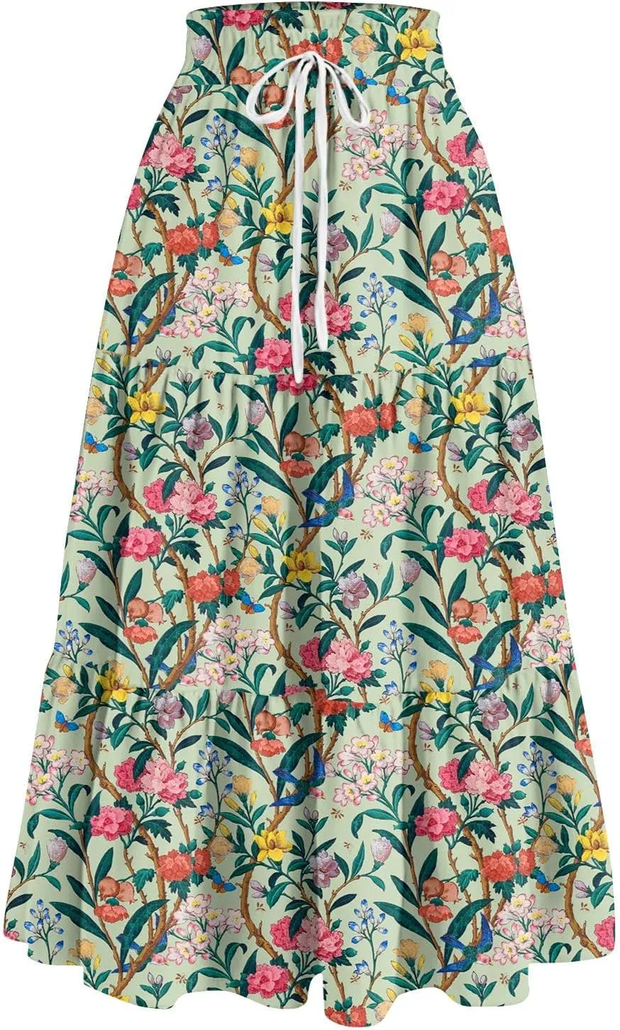 Women's Pleated Skirt Summer Casual Loose Trendy Elastic Waist Floral Print Bohemian Sun A-Line Maxi Skirts 2025, S-2XL