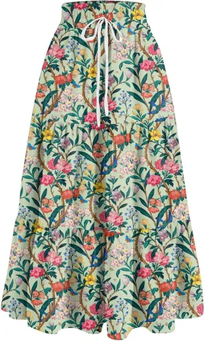 Women's Pleated Skirt Summer Casual Loose Trendy Elastic Waist Floral Print Bohemian Sun A-Line Maxi Skirts 2025, S-2XL
