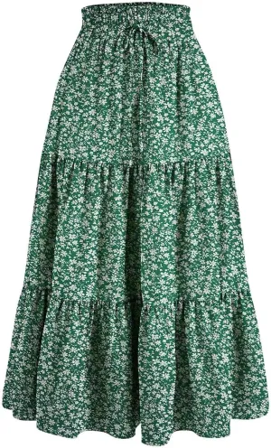 Women's Pleated Skirts Summer Casual Loose Trendy Elastic Waist Floral Print Bohemian Sun A-Line Maxi Skirt, S-XL