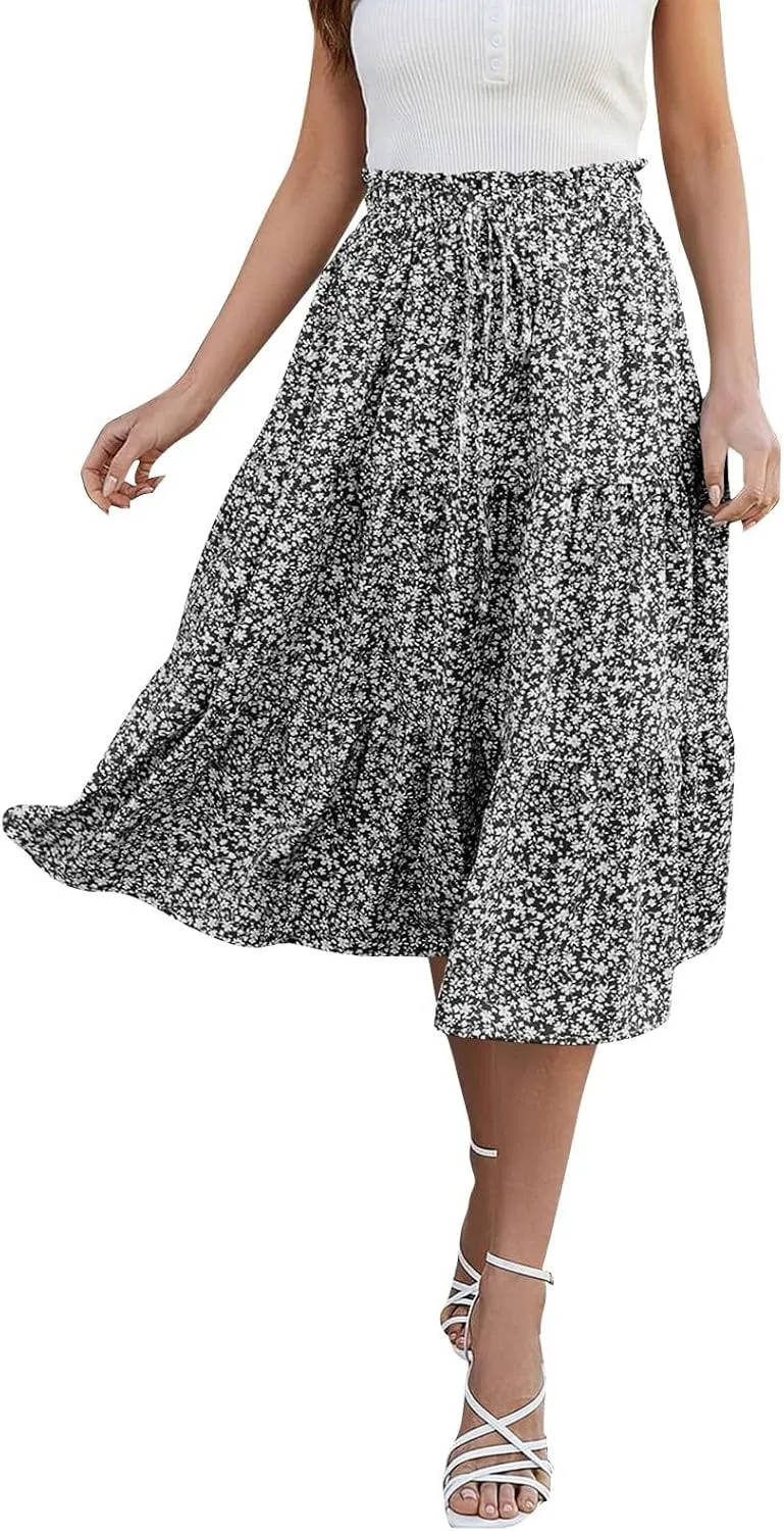 Women's Pleated Skirts Summer Casual Loose Trendy Elastic Waist Floral Print Bohemian Sun A-Line Maxi Skirt, S-XL
