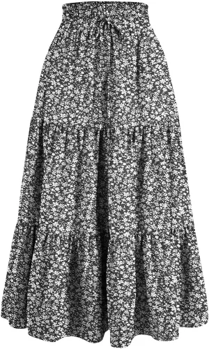 Women's Pleated Skirts Summer Casual Loose Trendy Elastic Waist Floral Print Bohemian Sun A-Line Maxi Skirt, S-XL