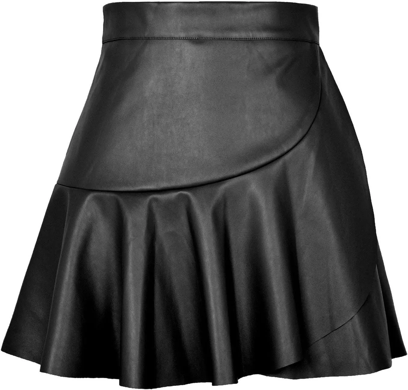 Women's Pu Leather Mini Skirts High Waist Ruffled Casual Flared Skirt Faux Leather Short Skater Skirts