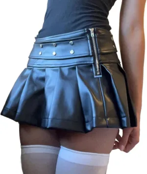 Women's PU Leather Y2K Skirts Low Waisted Buckle Belted Pleated Mini Skater Skirts