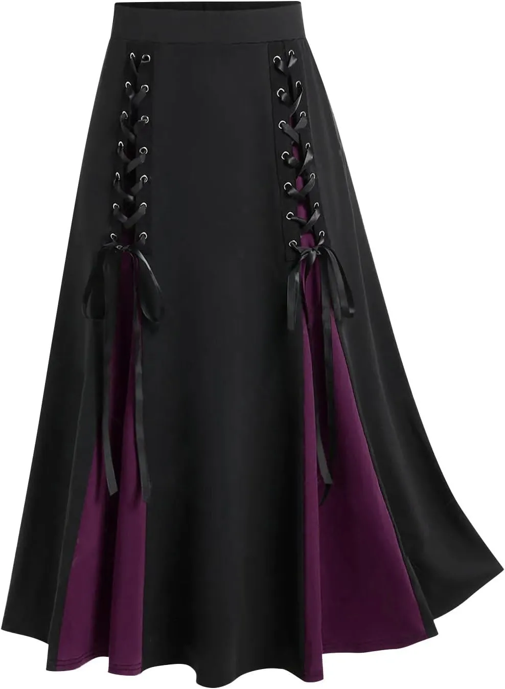 Women's Punk Retro Skirt Lace Up Skirts Ladies Halloween Costume Patchwork High Waist Midi Skirt Gothic Skirt