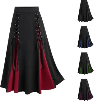 Women's Punk Retro Skirt Lace Up Skirts Ladies Halloween Costume Patchwork High Waist Midi Skirt Gothic Skirt