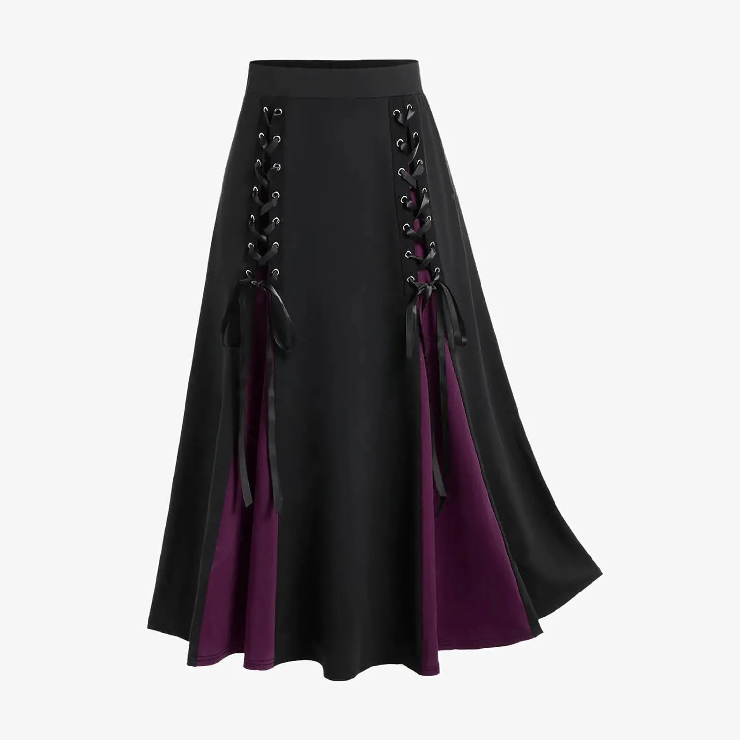 Women's Punk Retro Skirt Lace Up Skirts Ladies Halloween Costume Patchwork High Waist Midi Skirt Gothic Skirt