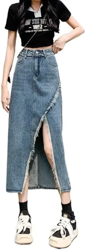 Women's Retro Irregular Split Denim Skirt Summer High-Waisted Half Length Skirt Slim Long A-Line Bag Hip