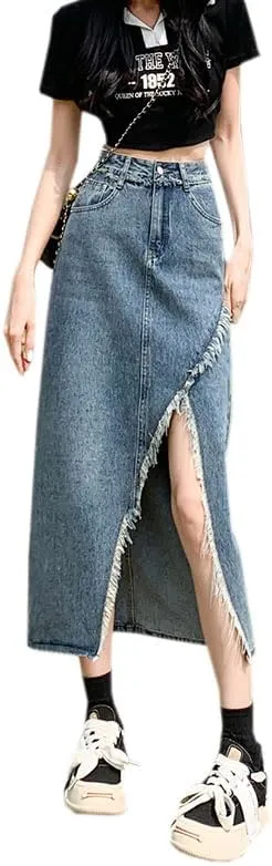 Women's Retro Irregular Split Denim Skirt Summer High-Waisted Half Length Skirt Slim Long A-Line Bag Hip