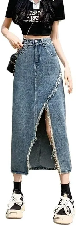 Women's Retro Irregular Split Denim Skirt Summer High-Waisted Half Length Skirt Slim Long A-Line Bag Hip
