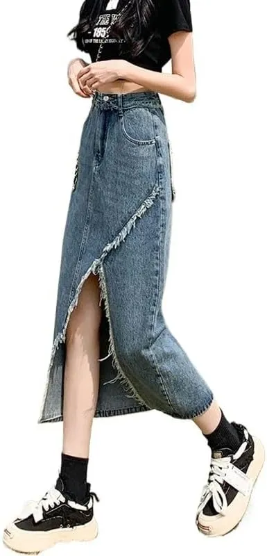 Women's Retro Irregular Split Denim Skirt Summer High-Waisted Half Length Skirt Slim Long A-Line Bag Hip