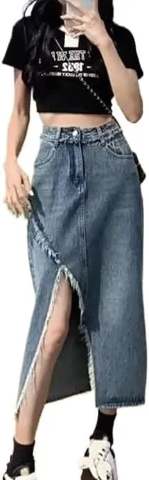 Women's Retro Irregular Split Denim Skirt Summer High-Waisted Half Length Skirt Slim Long A-Line Bag Hip