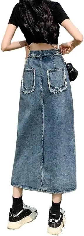 Women's Retro Irregular Split Denim Skirt Summer High-Waisted Half Length Skirt Slim Long A-Line Bag Hip