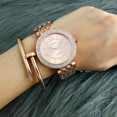 Women's Rhinestone Rose Gold Round Shaped Quartz Wristwatches