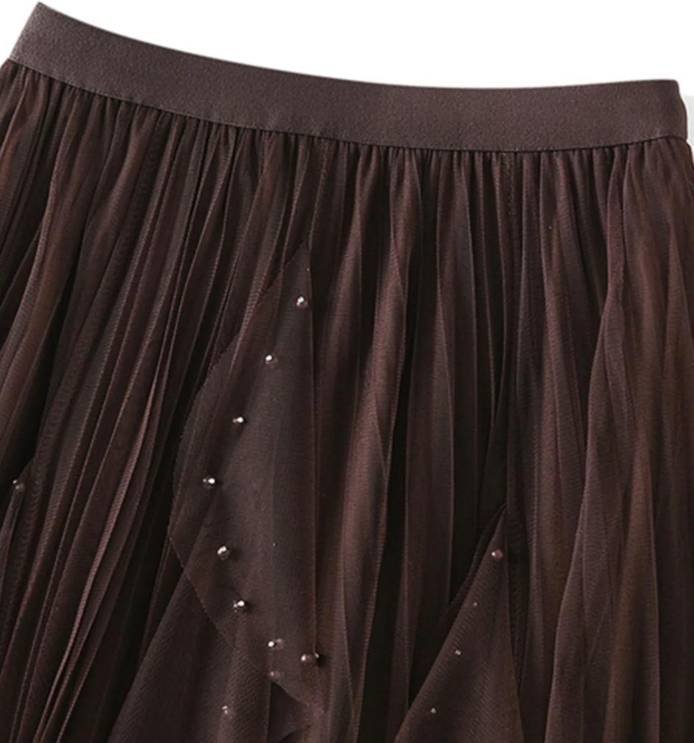Women's Ruffle Fluffy Mesh Midi Skirt Casual Elastic Waisted A Line Asymmetrical Hem Pleated Layered Skirts