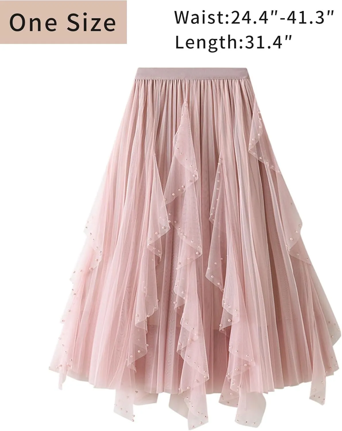Women's Ruffle Fluffy Mesh Midi Skirt Casual Elastic Waisted A Line Asymmetrical Hem Pleated Layered Skirts
