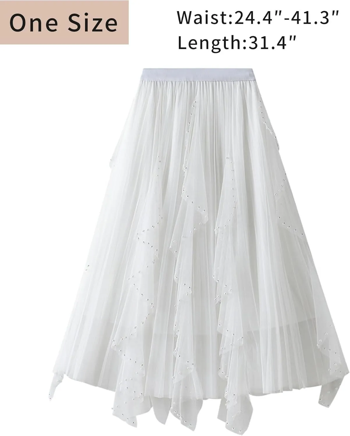 Women's Ruffle Fluffy Mesh Midi Skirt Casual Elastic Waisted A Line Asymmetrical Hem Pleated Layered Skirts