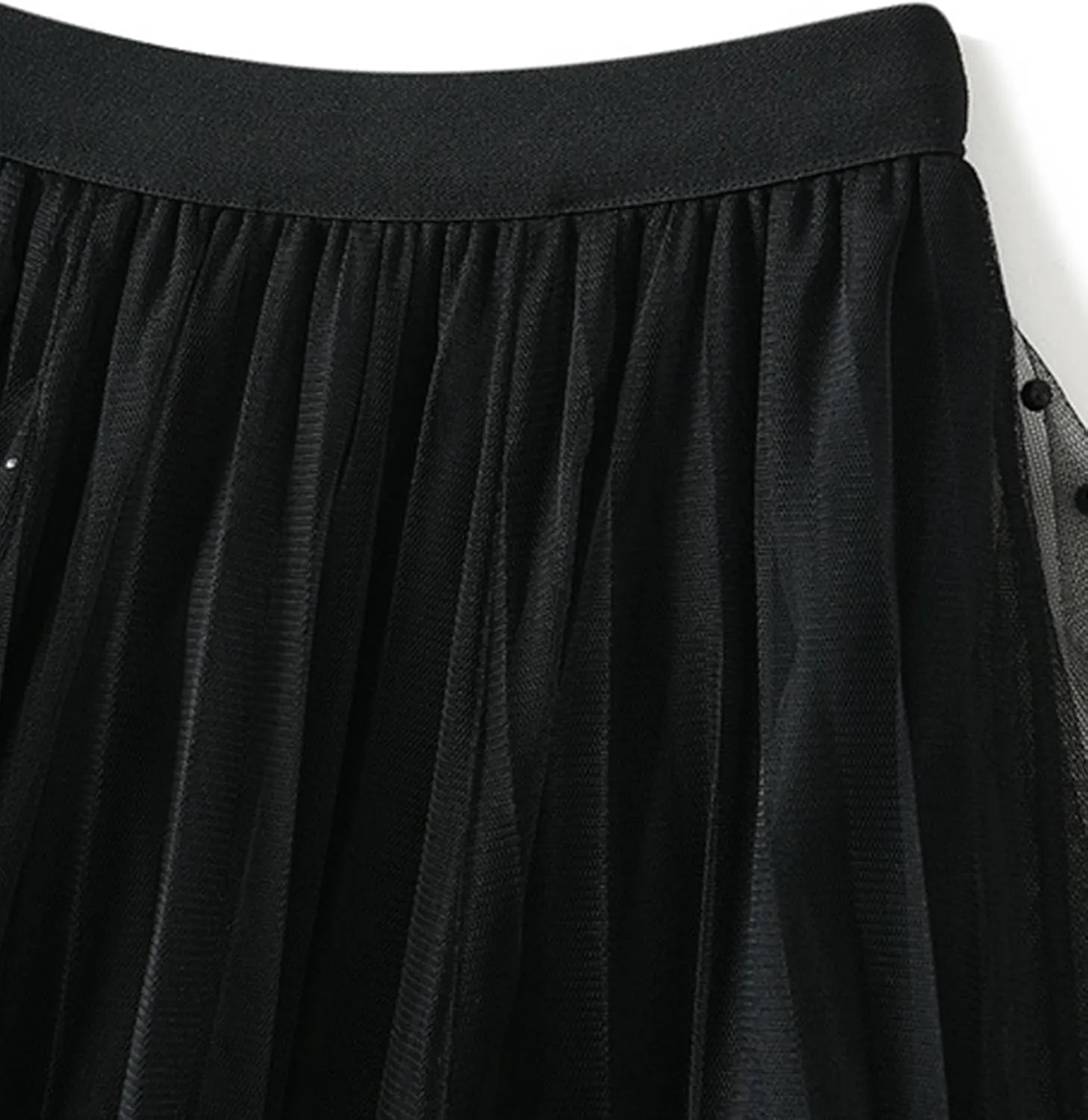 Women's Ruffle Fluffy Mesh Midi Skirt Casual Elastic Waisted A Line Asymmetrical Hem Pleated Layered Skirts