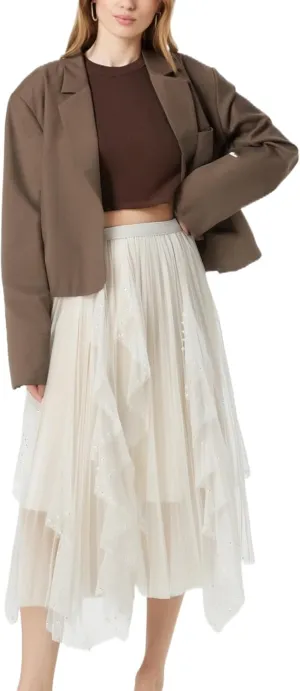 Women's Ruffle Fluffy Mesh Midi Skirt Casual Elastic Waisted A Line Asymmetrical Hem Pleated Layered Skirts