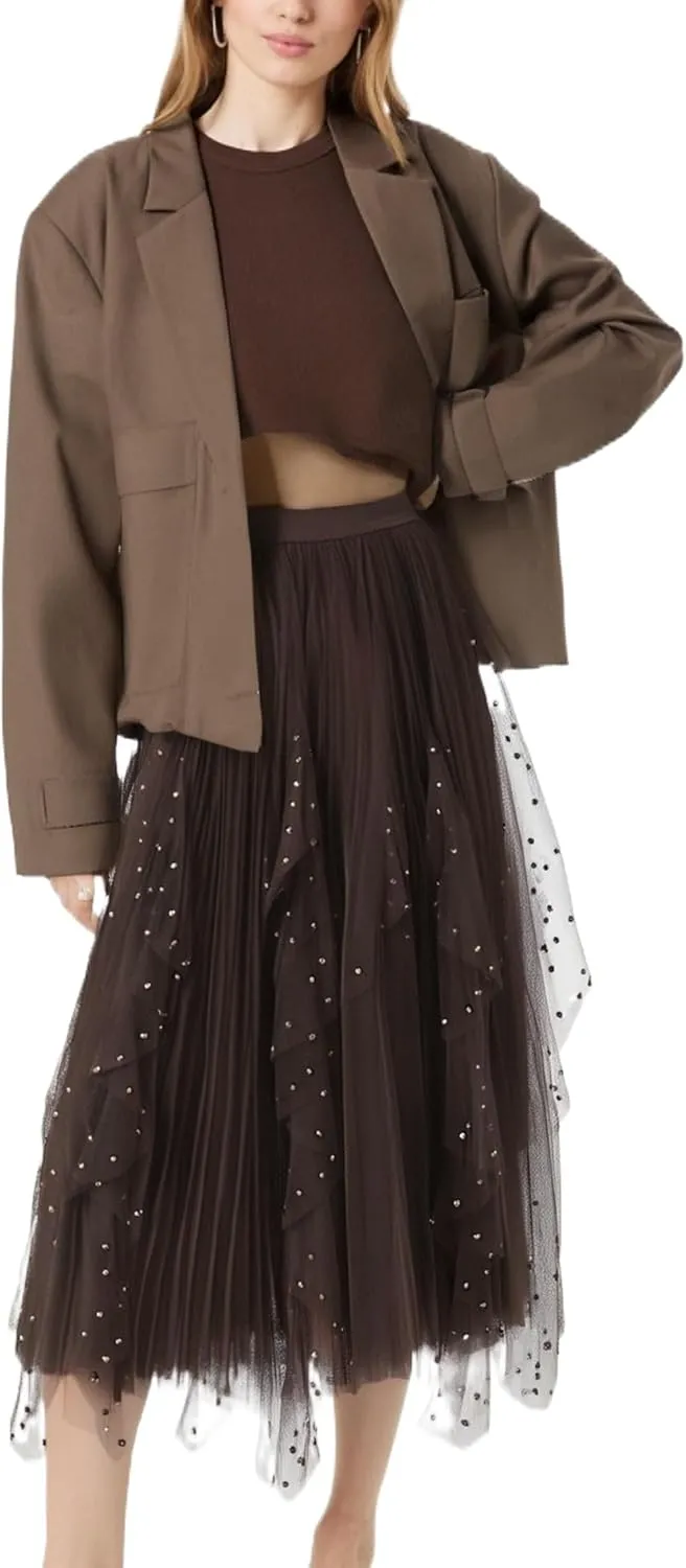 Women's Ruffle Fluffy Mesh Midi Skirt Casual Elastic Waisted A Line Asymmetrical Hem Pleated Layered Skirts