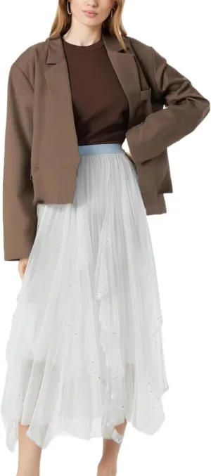 Women's Ruffle Fluffy Mesh Midi Skirt Casual Elastic Waisted A Line Asymmetrical Hem Pleated Layered Skirts