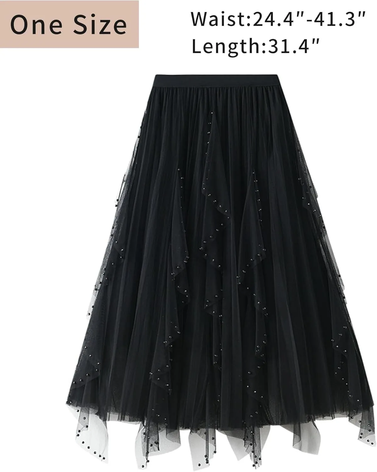 Women's Ruffle Fluffy Mesh Midi Skirt Casual Elastic Waisted A Line Asymmetrical Hem Pleated Layered Skirts