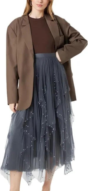 Women's Ruffle Fluffy Mesh Midi Skirt Casual Elastic Waisted A Line Asymmetrical Hem Pleated Layered Skirts