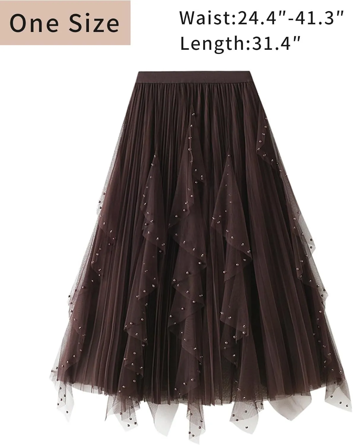 Women's Ruffle Fluffy Mesh Midi Skirt Casual Elastic Waisted A Line Asymmetrical Hem Pleated Layered Skirts