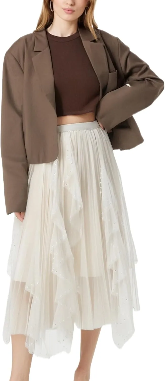 Women's Ruffle Fluffy Mesh Midi Skirt Casual Elastic Waisted A Line Asymmetrical Hem Pleated Layered Skirts