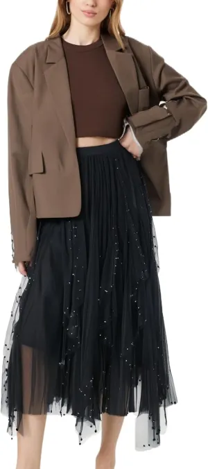 Women's Ruffle Fluffy Mesh Midi Skirt Casual Elastic Waisted A Line Asymmetrical Hem Pleated Layered Skirts