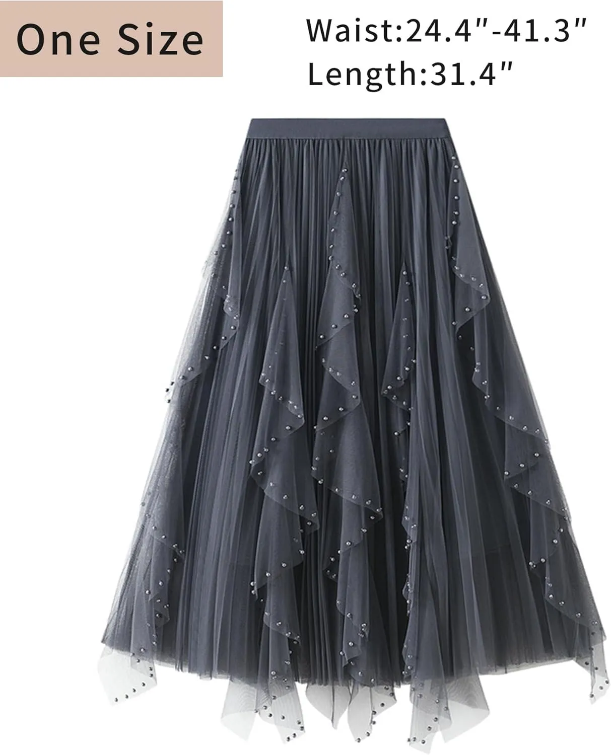 Women's Ruffle Fluffy Mesh Midi Skirt Casual Elastic Waisted A Line Asymmetrical Hem Pleated Layered Skirts