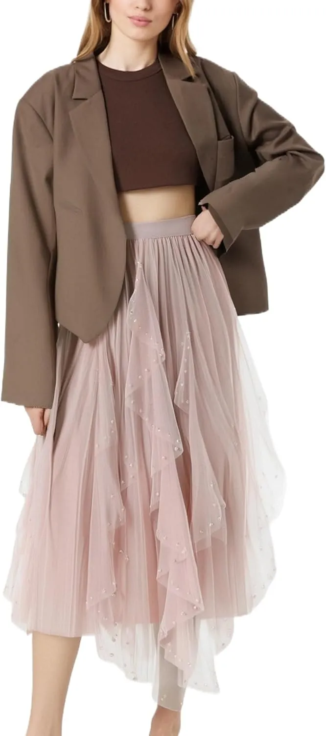 Women's Ruffle Fluffy Mesh Midi Skirt Casual Elastic Waisted A Line Asymmetrical Hem Pleated Layered Skirts